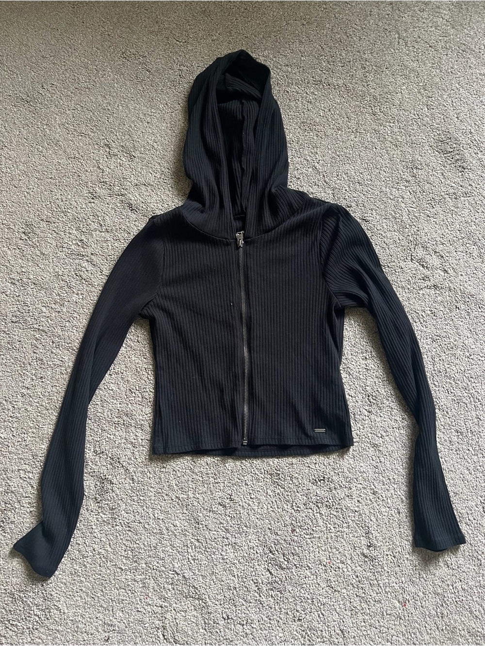 Hollister Black Ribbed Fitted Zip Up Hoodie Jacket Y2K Size S